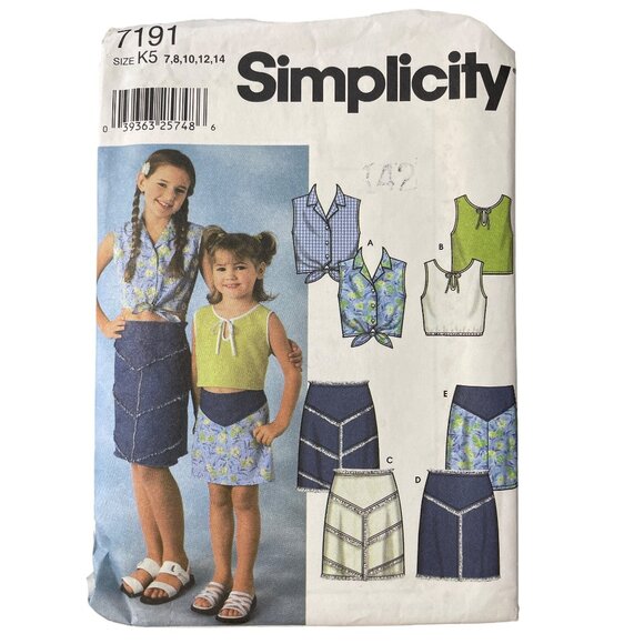 Simplicity 7191 Sewing Pattern Sizes K5 7-14 Childs And Girls Tops Skirts UNCUT - Picture 1 of 6